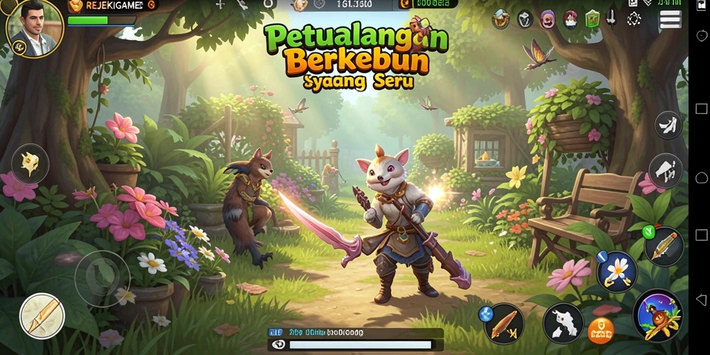 Screenshot gameplay REJEKIGAMES menampilkan aktivitas berkebun yang interaktif.